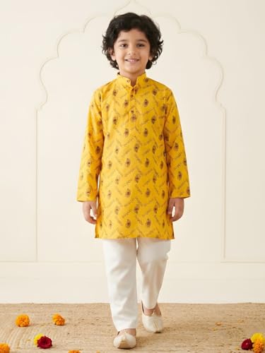 Image of AJ DEZINES Boys Cotton Full Sleeve Letter Printed Kurta Pajama Set for Kids - Ethnic wear | Special Occasion & Traditional Outfit |Boys Kurta Set - Regular Fit