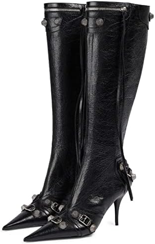 Kluolandi Women's Stiletto High Heel Knee High Boots with Tassel Pointy Toe Studded Zipper Booties Dress Shoes