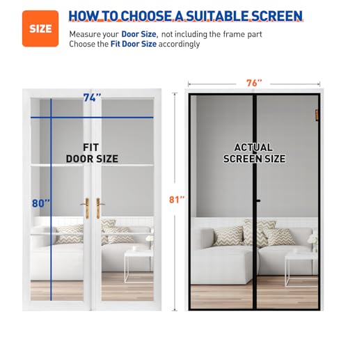 Image of MAGZO Magnetic Screen Door Fit Door Size 74 x 80 Inch, Screen Size 76 inch x 81 inch Strong Magnet French Style Mesh, Heavy Duty Fiberglass Mesh with Hook & Loop for Sliding Entrance, Gray