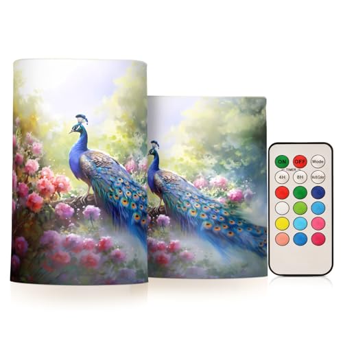 Image of Flickering Flameless Candles, Peacock Flowers LED Candles with Remote Timer, Set of 2 Battery Operated Candle for Valentine Wedding Birthday