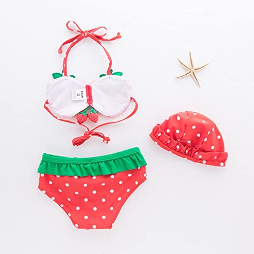 Baby Girl Strawberry Swimsuit 3PCS Halter Triangle Tops Ruffle Trim Bottoms Sun Hat Bikini Set Bathing Swimwear2