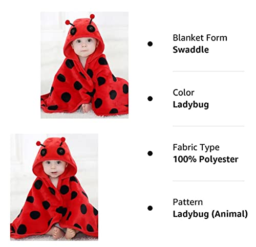 Image of TONWHAR 0-4 Years Toddlers' And Kids' Boys Girls Animal Face Hooded Blanket Baby's Bathrobe,Plush After Bath Blanket(Ladybug)