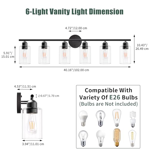 Image of 6 Lights Bathroom Vanity Light Fixtures Matte Black,Rustic Farmhouse Vanity Lighting Over Mirror Modern Industrial Lamp with Cylinder Glass Shade UL Certified