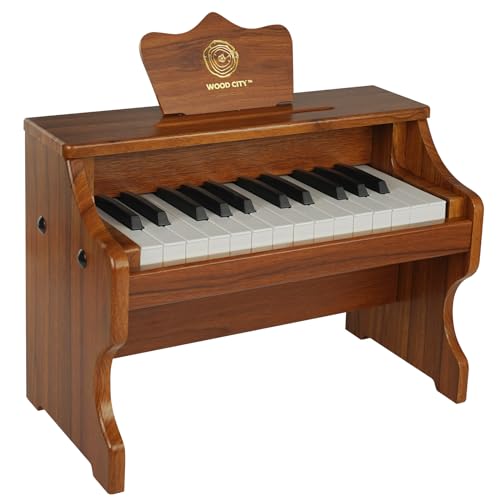 Wood City Wooden Piano Toys (25 Keys) Mini Music Educational Instrument Toy Toddler Baby Kids Piano Keyboard with Music Stand and Color Coded Keyboard Stickers for 3-7 Year Old