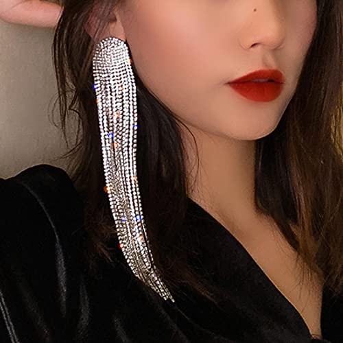 Wekicici Long Rhinestones Tassel Earrings Crystal Chandelier Tassel Long Big Statement Chain Dangle Drop Earrings for Women4