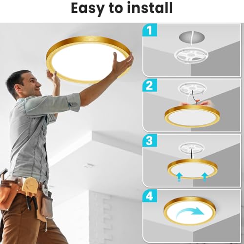 Image of libtit 16Inch Flush Mount LED Ceiling Light Fixture, 3000K 4000K 6500K Adjustable, 36W 3600lm Gold Satin Round Ceiling Lamp for Bathroom Shower Hallway Kitchen, 2 Pack