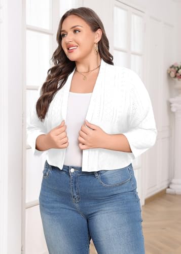 Lastshe Women's Plus Size Shrug Open Front 3/4 Sleeves Cropped Bolero Openwork Fabric Cardigan3