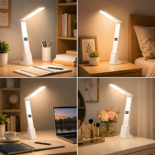 Image of One94Store SmartLite Portable Desk Lamp - White Color Rechargeable LED Table Lamp with 1200mAh Battery, Built-in Digital Clock, Touch Control Brightness, Lamp (White)