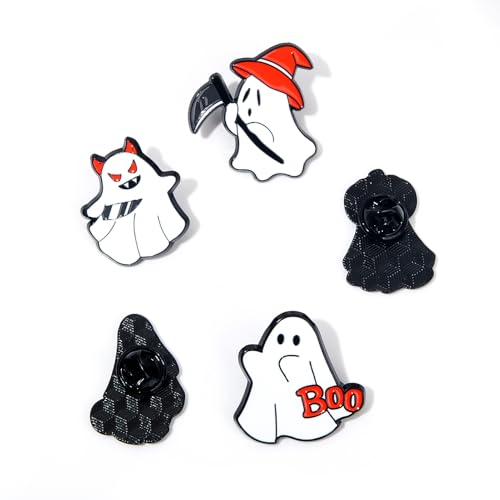 Image of 5Pcs Halloween Ghost Enamel Brooch - Pumpkin Reaper /Death's Scythe Devil Boo Lapel Pin - Cute Flower Smile Heart leaves Pattern Badges Gifts for Women Men