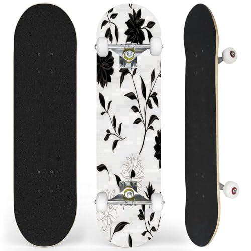 Complete Skateboard with Black White Floral Pattern Beginner Skateboard 7-Layer Maple Wood Double Kick Concave Skateboards for Kids, Adults, Teens 31