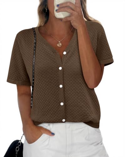Image of NALANISA Women's Short Sleeve Sweater Spring Summer Crochet Knit Tops 2026 V Neck Striped Button Down Dressy Casual Blouses