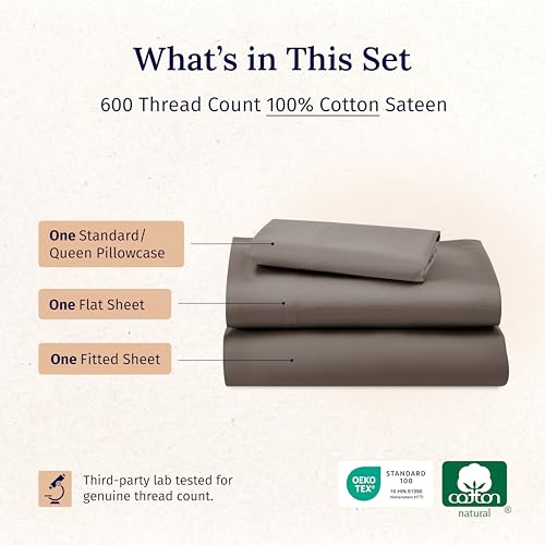 California Design Den Twin Bed Sheets 100% Cotton, 600 Thread Count Sateen, Soft, Cooling Brown Twin Sheet Set, Hotel-Quality Bedding with Deep Pockets (Mushroom - Taupe Brown)