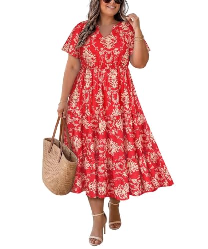 Image of TIYOMI Women Plus Size Dress Boho V Neck Short Sleeve Beach Maxi Dresses Floral /Stripe /Leaves /Lemon XL-5XL