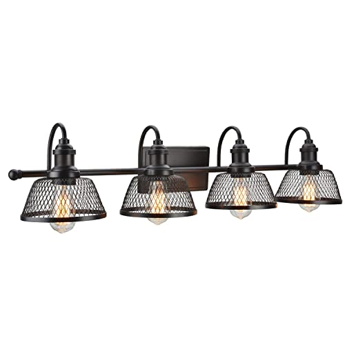 Image of Aspen Creative 62096, Four-Light Metal Bathroom Vanity Wall Light Fixture, 34 inch Wide, Transitional Design in Bronze with Metal Mesh Shade