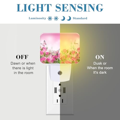 Image of Beautiful Pink Roses Plug in Night Lights, Pink Butterfly Nightlight Plug Into Wall Dusk to Dawn Sensor for Kid Girls Boys Women Men Room, Hallway, Kitchen, Bathroom, Stairs Decor