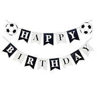 Black White Happy Birthday Banner - Swallowtail Flag Bunting Sign for Boys Girls Soccer Theme Birthday Party Decorations