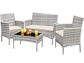 Greesum Patio Furniture 4 Pieces Conversation Sets Outdoor Wickerr Rattan Chairs Garden Backyard Balcony Porch Poolside loveseat with Soft Cushion and Glass Table, Gray and Beige