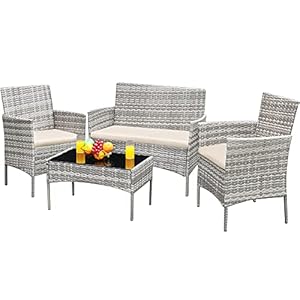 Greesum Patio Furniture 4 Pieces Conversation Sets Outdoor Wickerr Rattan Chairs Garden Backyard Balcony Porch Poolside loveseat with Soft Cushion and Glass Table, Gray and Beige