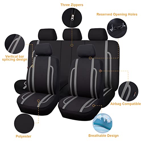 Flying Banner Universal Polyester Car Seat Covers Vertical Bar Splicing Design Airbag Compatible Protector (Full Set, Black and Grey) - Image 3