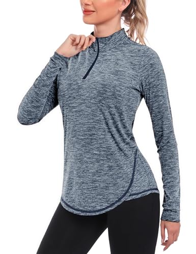 Terecey Haut de Running Femme 1/4 Zip à Manches Longues Sweatshirt Sport Léger Respirant Séchage Rapide Pull de Course Fitness Jogging Extérieur