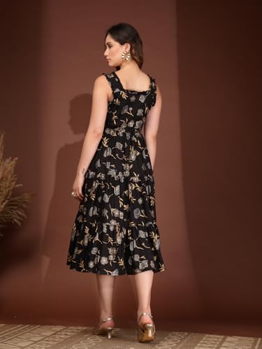 Image of Daevish New Rayon Floral Printed Flared Midi Dress for Women | Women Calf Length Dress