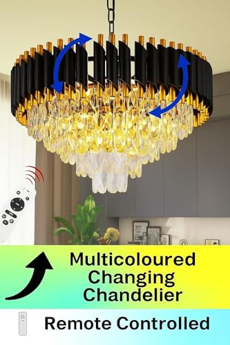 Image of Modern Ceiling Lamp 5-Tier Round Crystal Chandelier for Living Room | Bluetooth Remote Control and Moving Round| Speaker+ Multi Color LED Light (Remote Black Gold, 600MM)
