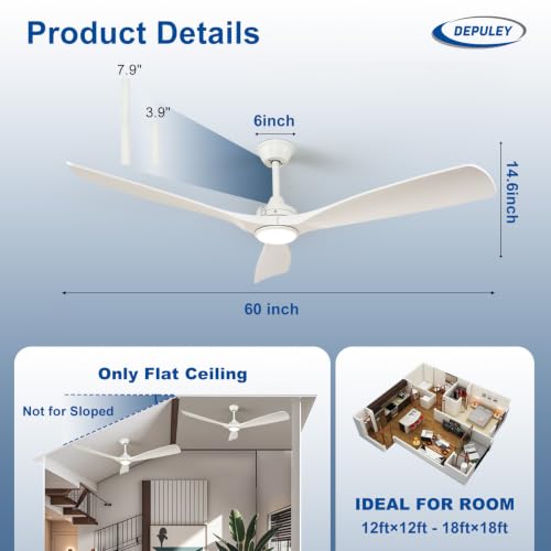 Image of Depuley 60-Inch Ceiling Fan with Light: White 3 Blade Outdoor Fans for Patios - Dimmable Indoor Fan with Remote Control Living Room Fandelier Ceiling Fans for Living Room Reversible 6 Speed