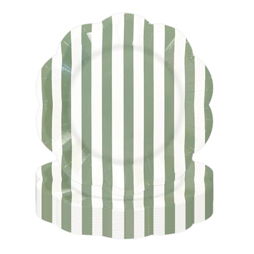 DHAIQC Lot de 50 Assiettes Carton Vert Blanc Rayée de 18cm, Festonnées Assiette Jetable Vaisselle Jetable Anniversaire Pour Desserts Anniversaires Baby...