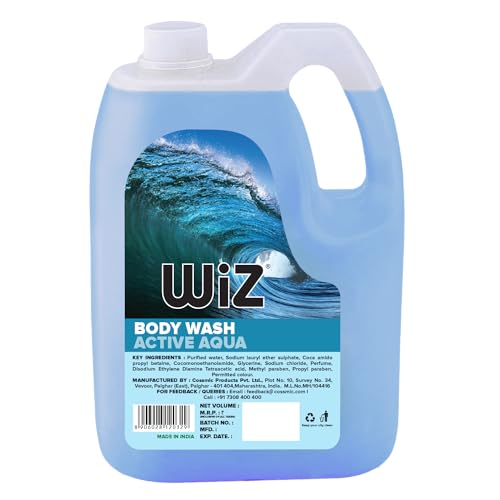 Image of wiz LIQUID SOAP Wiz Body Wash Active Aqua - 5L Refill Pack|Shower Gel For A Cool,Refreshing&Cleanse|Enriched With Skin Conditioners&Glycerine|Paraben-Free Formula|Soft,Glowing&Hydrated Skin