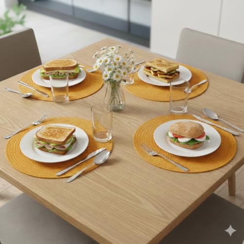 Image of Cotton Rope Placemats, Round Red with White Border, Set of 4, Heat Resistant Table Mats (Yellow)