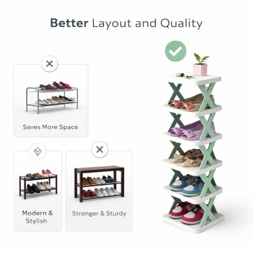 Image of STELITE 5-Layer Plastic Shoe Rack for Home | Stackable & Adjustable Shoe Organizer | Space-Saving Foldable Stand with Shoe & Book Storage Shelves | Green, Medium