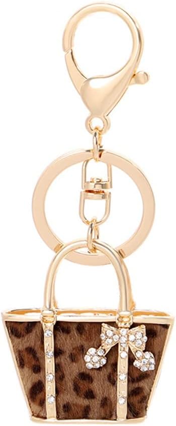 Leopard Handbag Shape Crystal Bow Keychain Exquisite Car Holder Bag Pendant Women Gift Metal Keyring
