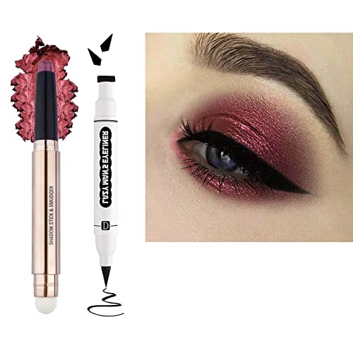 2 In 1 Eyeshadow Stick And Sponge Makeup Brush, Smooth Cream Shimmer Shadow Pencil Long Lasting Waterproof Eye Shadow Highlighter Stick Makeup, Hypoallergenic Eyeshadow + Black Eyeliner #TOP12