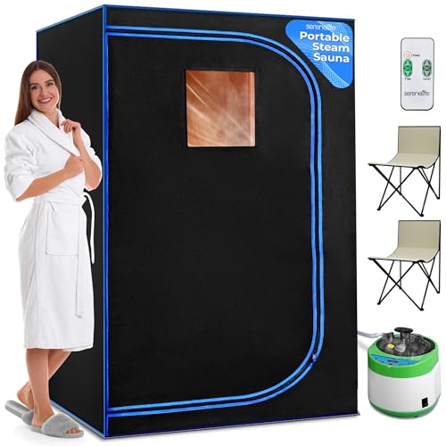 SereneLife Portable Sauna for Home, 2-Person Steam Sauna Tent with 4L Steamer, 2 Foldable Sauna Chairs, Remote Control for in-Home Spa Rejuvenation, 71