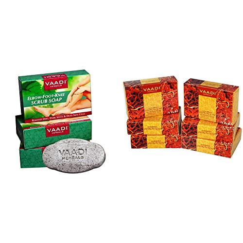 Image of Vaadi Herbals Elbow Foot Knee Scrub Soap with Almond and Walnut Scrub, 75g x 3 and Vaadi Herbals Super Value Luxurious Saffron Skin Whitening Therapy Soap, 75g (Pack Of 6)
