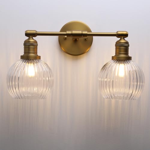 Image of Industrial Double Armed Glass Wall Sconce with Clear Striped Globe Shade, Indoor 2-Light Wall Vanity Light Fixture Hardwired for Bathroom Farmhouse Living Room Bedroom