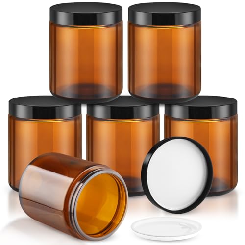 DMuuuDM 8oz Glass Jar - 6 Pack Empty Thick Round Glass jar with Plastic Lids,Refillable Wide Mouth Storage Containers for Spice,Lotion,Body Butter,Salves Ointments,Candle Making (Amber)