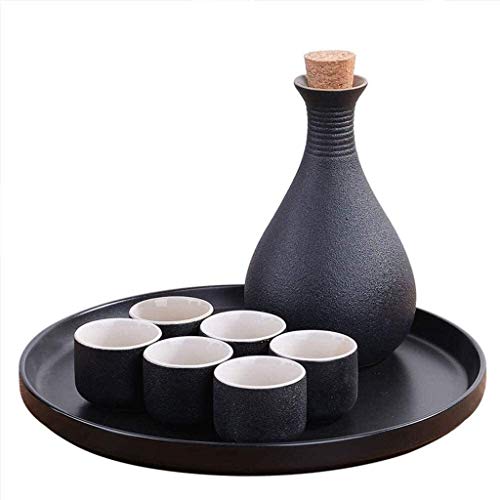 Sake Ceramic Set, 6 Pieces of Ancient Ceramic Black Anti-Skid Kettle Wine Glass Home Set for Cold/hot/Sake/Shochu
