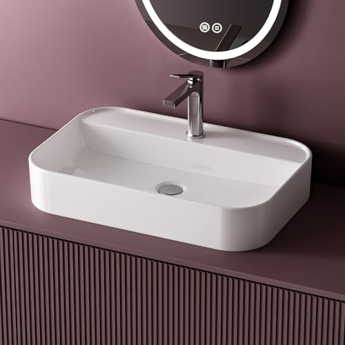 EMKE Lavabo da appoggio 70x40x11 cm, Lavabo in ceramica per bagno, Bianco brillante, design moderno e minimalista, ideale per bagno e WC