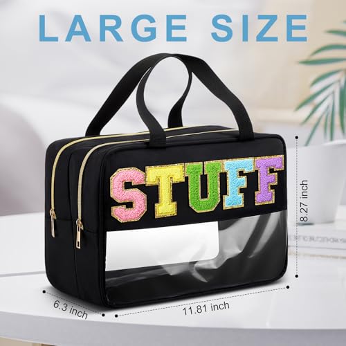 Pinkunn Large Stuff Bags with Handle Double Zippered Chenille Letter Stuff Bag Black Extra Large Clear Travel Pouch Waterproof Nylon Makeup Cosmetic Bag for Women Girls Travel Toiletry Supplies2