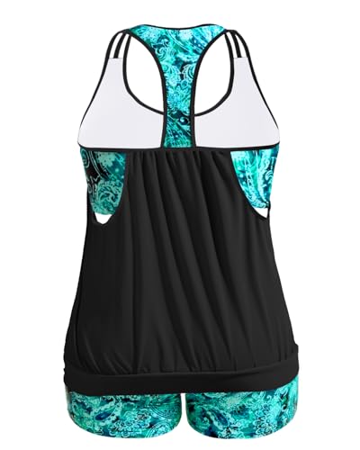 Image of Womens Plus Size Tankini Swimsuit Two Piece Tummy Control Bathing Suit | Blouson Racerback Tankini Top with Shorts, Double Up Design, Removable Pad