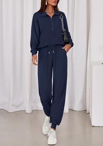 Image of PRETTYGARDEN Women 2 Piece Ribbed Knit Matching Lounge Sets | Comfy Sweat Track Suits, Athleisure Casual Outfit, Half Zip Sweatshirt & Jogger Pants, Fall Winter Clothes for Airport Travel