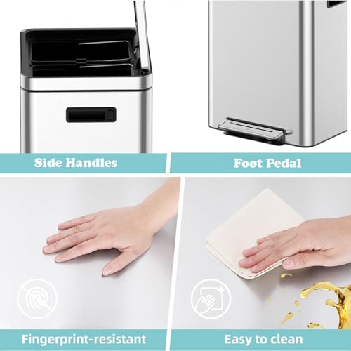 MERXENG 2 x 4 Gallon Stainless Steel Trash Can, Dual Compartment Step-On Recycling Bin with Soft-Close Lid & Removable Buckets, for Kitchen, Home, Office by MERXENG - Image 4