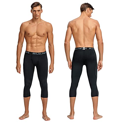 Buyjya 3 Pack Men's 3/4 Compression Pants Running Tights Workout Leggings Athletic Cool Dry Yoga Gym Clothes (M, Blue-Army Green-Black, M) #TOP1
