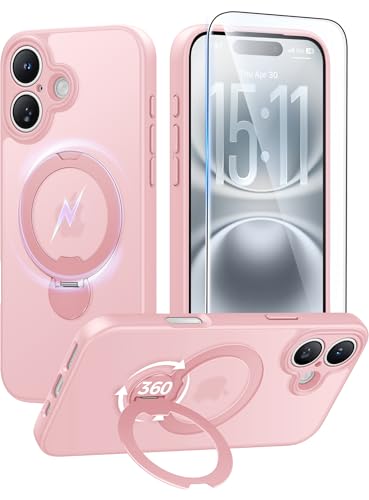 FNTCASE for iPhone 16 Plus Case with 360 Spin Magnetic Stand Pink