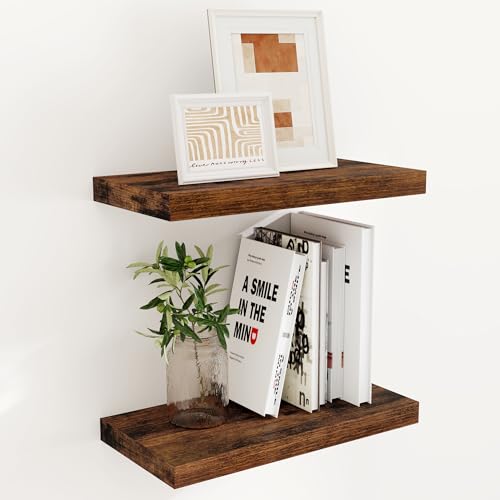 16 Inch Long Floating Shelves, 9.3 Inch Deep Floating Shelf for Wall, Living Room, Kitchen, Rustic Deep Wood Shelves for Bathroom, 2 Pack Storage Display Shelf for Books, Decor, Rustic Brown