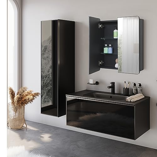 Fundin Schwarzer Aluminium-Badezimmer-Spiegelschrank 60 x 70 cm mit gerahmter Tür und verstellbaren Glasböden, Einbau- oder Aufputzmontage