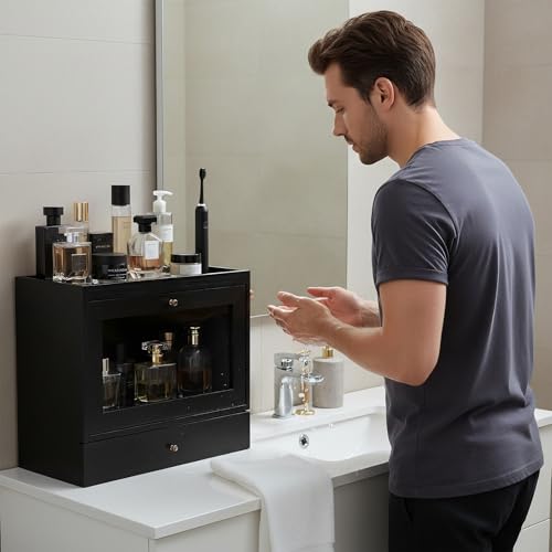 Image of Cologne Organizer for Men Women,Perfume Stand Holder,Cologne Shelf, Solid Wood Cologne Stand with Drawer Storage and Clear Window,Organizador de Perfumes,Perfume Stand Organizer,Black