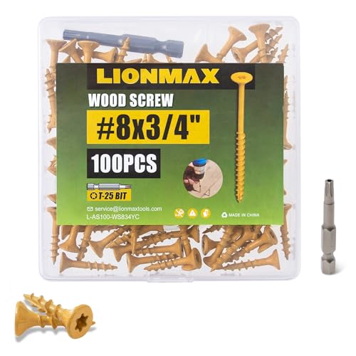 Image of LIONMAX Deck Screws 3 /4 Inch, Wood Screws #8 x 3 /4 inch, 100 PCS, Rust Resistant, Exterior Epoxy Coated, Outdoor Decking Screws, Torx /Star Drive Head Screw, T25 Star Bit Included, Tan