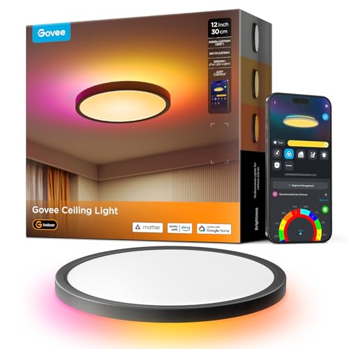 Govee Deckenlampe RGBIC 24W Smart Led Deckenleuchte Ø30cm Kompatibel mit Matter Alexa & Google Assistant Deckenlampe Led Dimmbar mit 16 Millionen DIY Farben für Schlafzimmer Wohnzimmer Schwarz